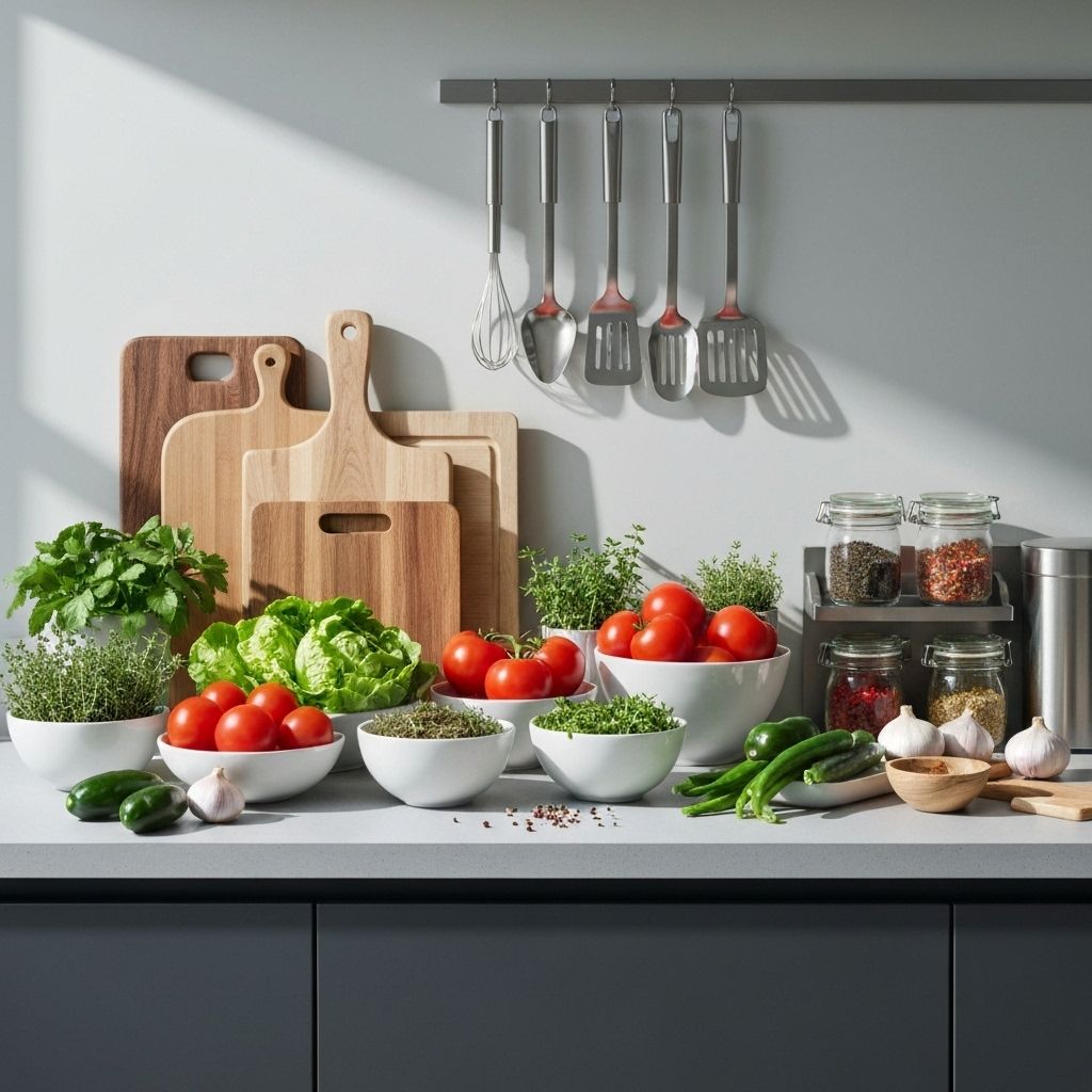 Modern kitchen with fresh ingredients and cooking utensils